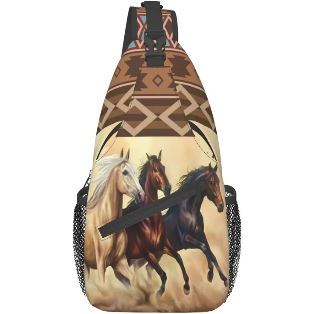 

Рюкзак через плечо на слинге, Aztec Boho, этническая сумка в стиле вестерн с лошадью, нагрудная сумка с тремя лошадьми, регулируемая сумка на плечо с песчаным зрезом в пустыне