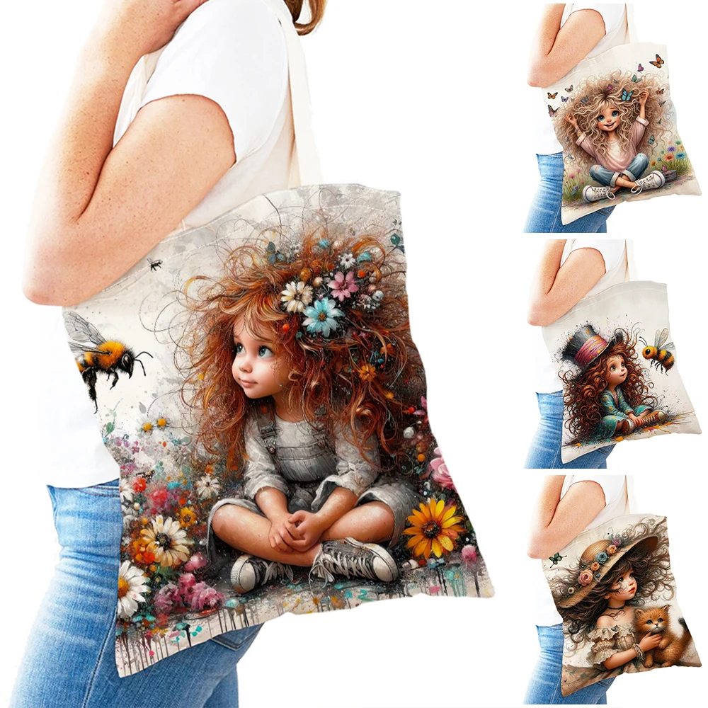 Casual Lovely Child Shopping Bags Cute Cartoon Girl Double Print Reusable Canvas Shopper Bag Fairy Tale World Lady Handbag Tote