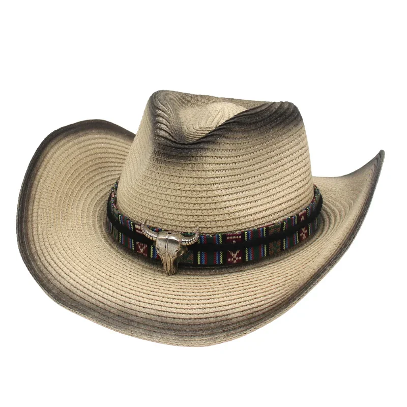 Sombrero de vaquero de paja salvaje Retro, decoración en forma de toro, Sombreros de Panamá para hombres, sombrero de país de Caballero de viaje,