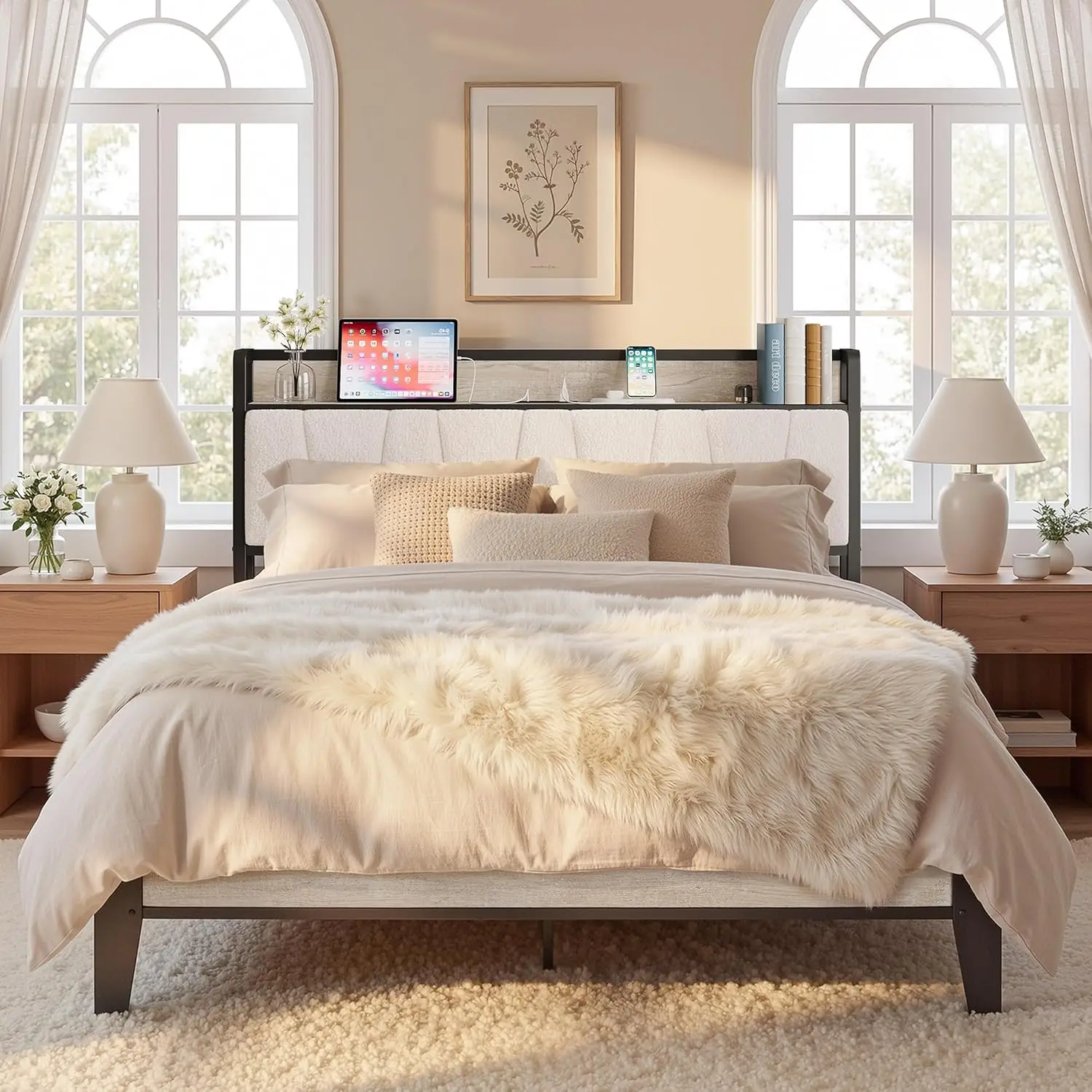 

Queen Bed Frames, Bouclé Storage Headboard with Charging Station, Solid and Stable, Noise Free, No Box Spring Needed, Ea
