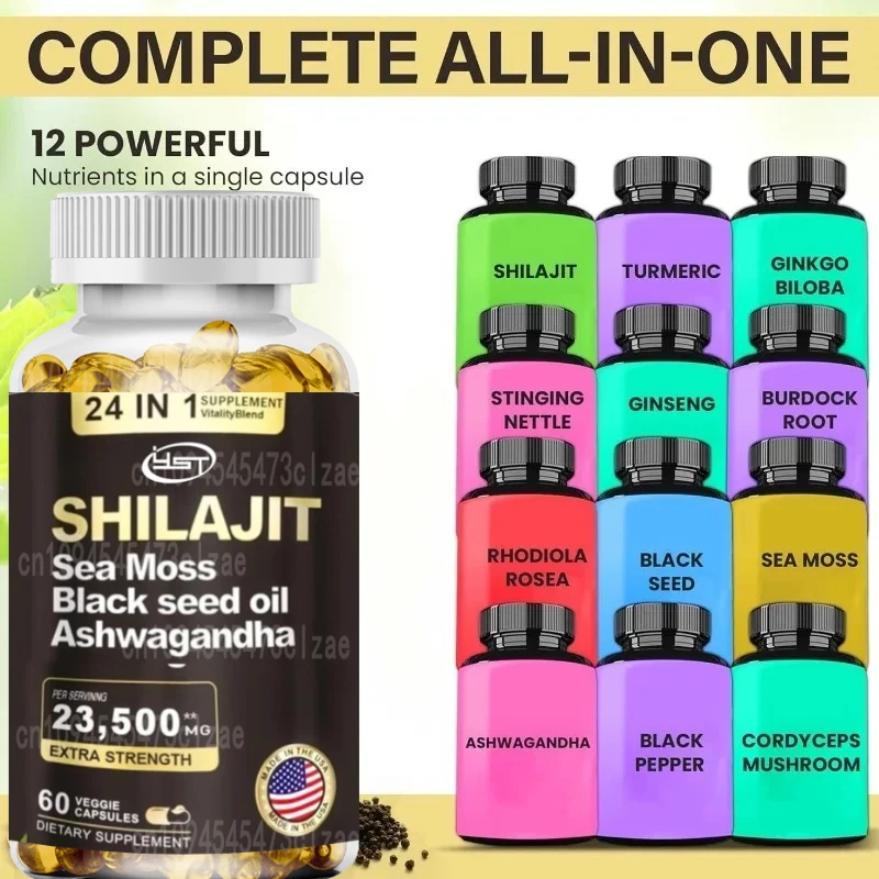 Algas Shilajit, aceite de semilla negra, Rhodiola Rosea, bardana, ginseng, Cordyceps Sinensis, ortiga, curcuma, comer -60 cápsulas
