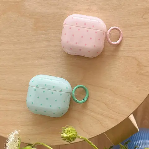 Korea Mint Green Polka Dots Silikonowe etui na słuchawki Apple AirPods 1or2 3 4 Pro Pro 2 Miękka osłona z brelokiem do kluczy