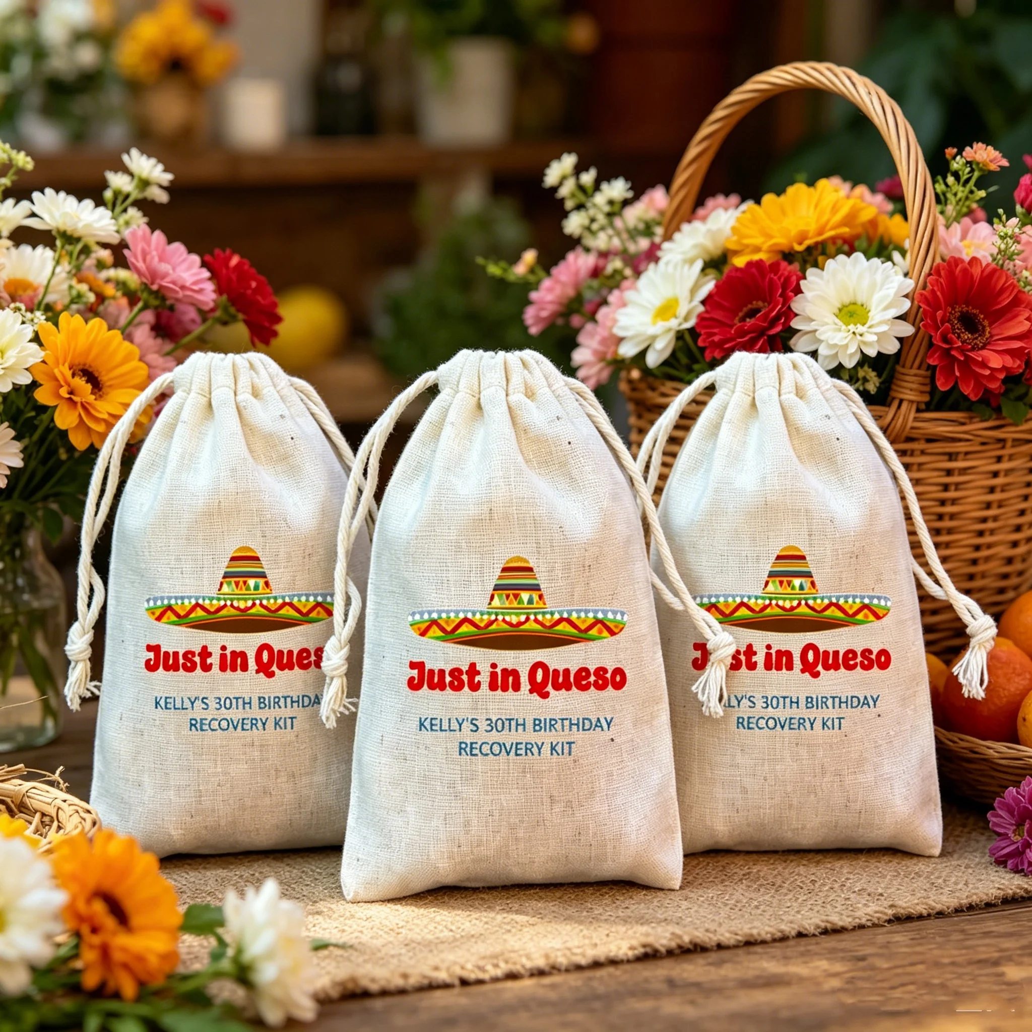 20 Bolsas de Regalo Personalizadas de Algodón con Cordón, Diseño Queso Sombrero, Nombre y Edad Personalizables, para Fiesta Mexicana, Despedida de Soltera, Hangover