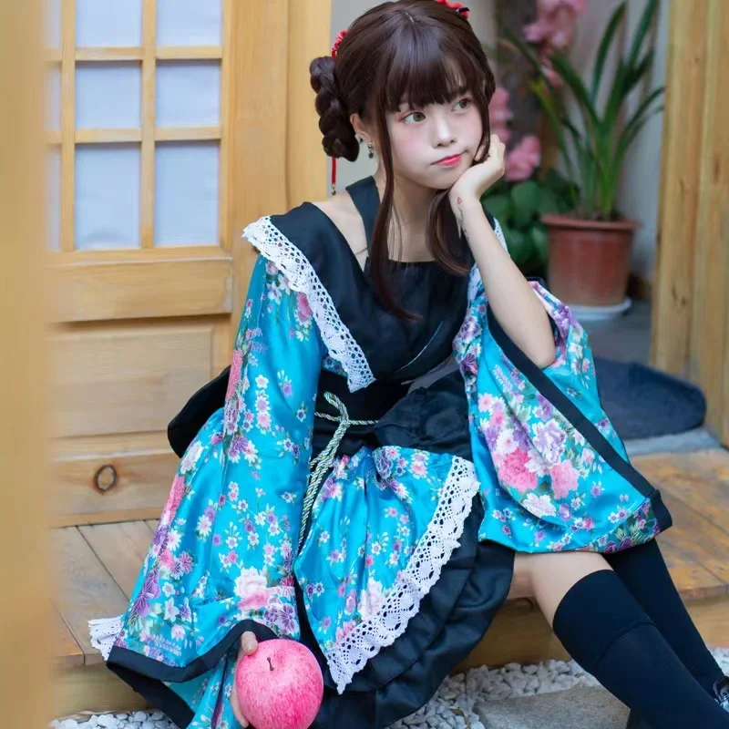 Traditional Japanese Lolita Anime Cosplay Costume Kimono Dress for Women Sakura Girl Haori Party Stage Outfit