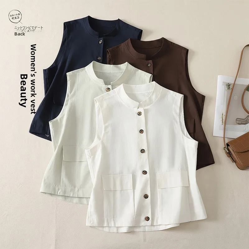 New Cotton Linen Collarless Vest Retro Workwear Loose Short Double Pocket Casual Versatile Thin Outerwear Women's Jacket