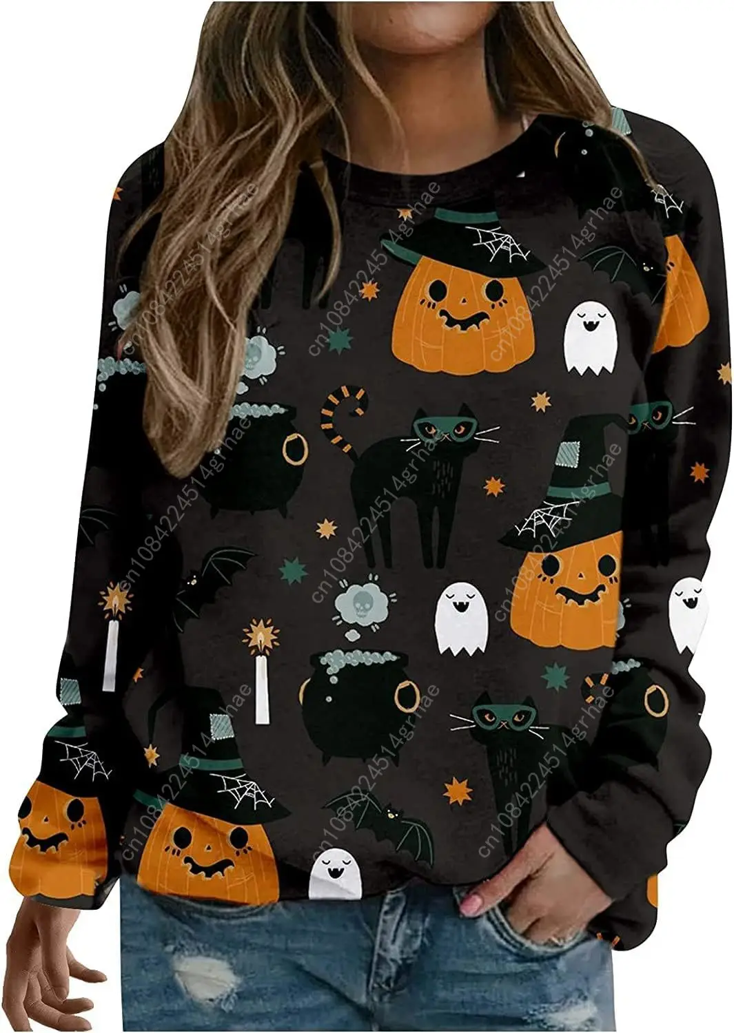 سويت شيرت على شكل يقطين الهالوين بلوفر بياقة دائرية - قمصان علوية كاجوال فضفاضة بأكمام طويلة مطبوعة على شكل حيوان قطة