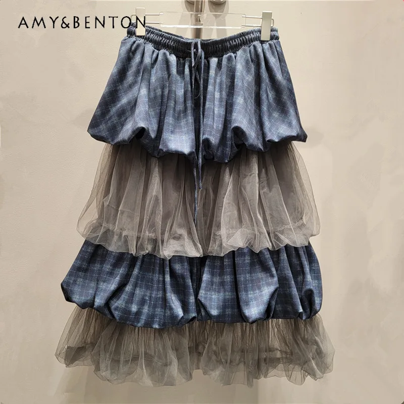 

2024 Autumn New Unique Personality Sweet Girl Skirt Mesh Splicing Grid Design Sense Medium Long Cake Skirt For Women's Clothing