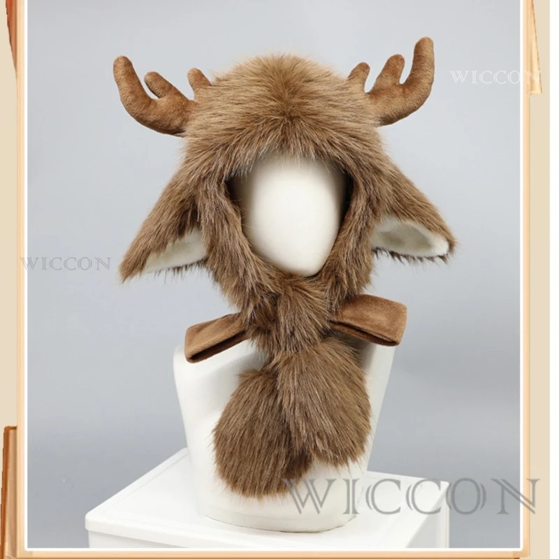 Mori Girl Plush Elk Cosplay Headwear Christmas Winter Antler Deer Printing Elk Earmuffs Cap