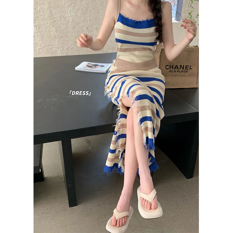 MEXZT Vintage Split Striped Midi Dress Women Sexy Slit Spaghetti Strap One Pieces Dresses Vacation Beach Korean Bodycon Vestidos