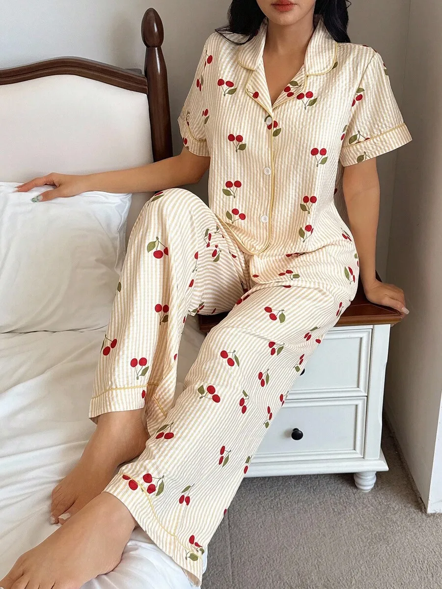 

Cherry Striped Print Lapel Short Sleeve Pajama Set For Women