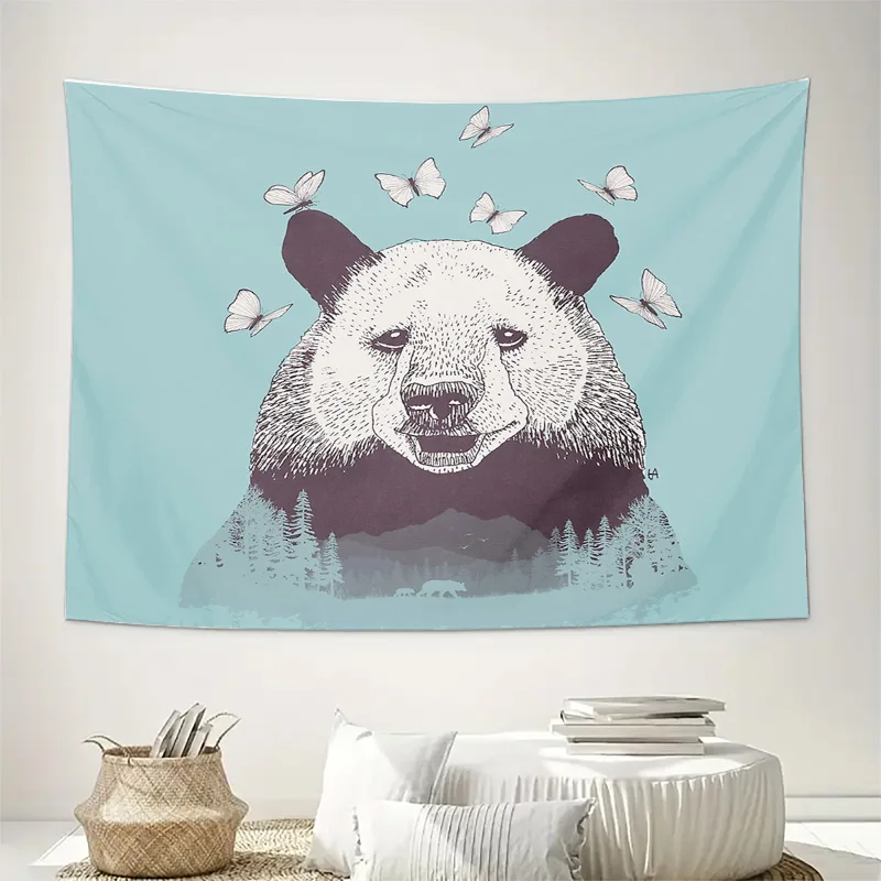 Nature Bear Tapestry Forest Mountain Wall Hanging Hippie Room Decor Aesthetic Backdrop Vintage Camping Outdoor Travel Home Decor