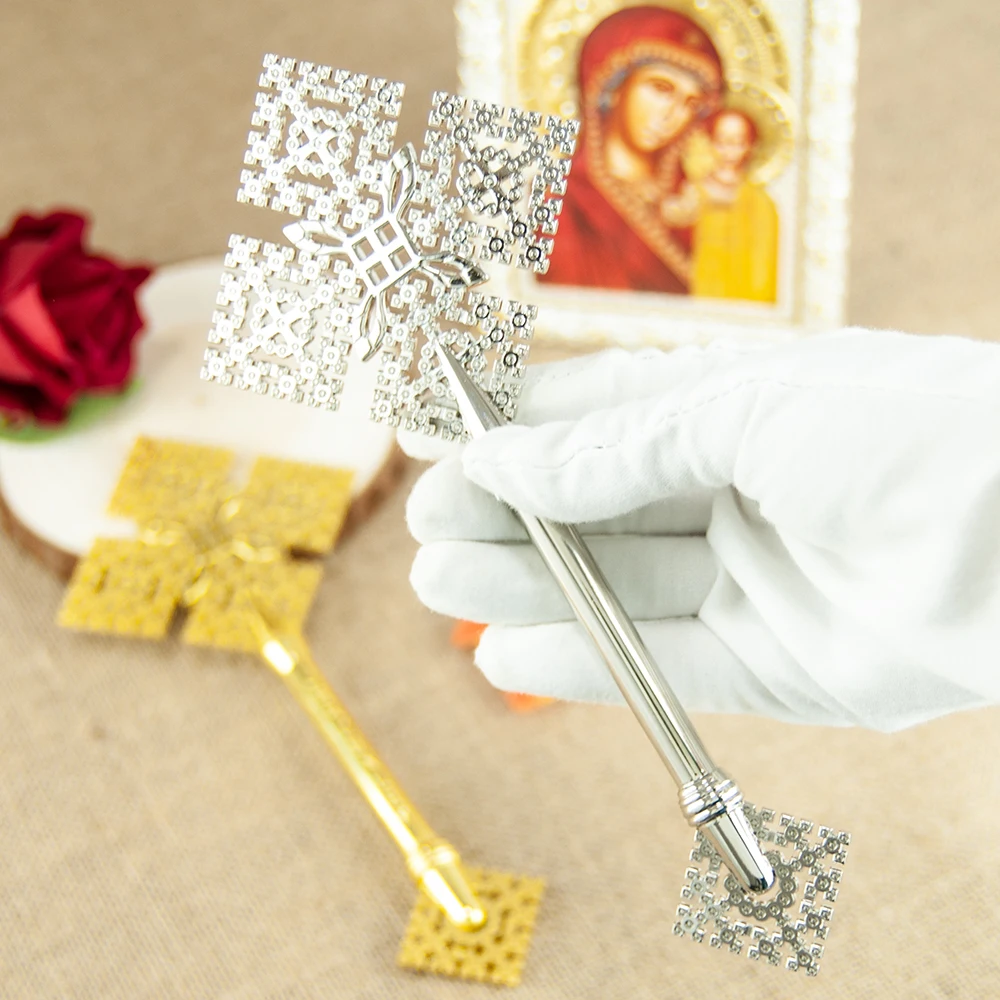 

HTISOK Eastern Orthodox Cross Zinc Alloy Gilded Byzantine Cross Church Decoration for Blessing Prayer Worship Religious Gift