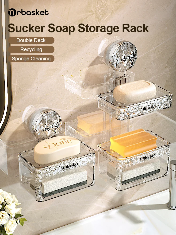 mr basket Sucker Soap Box Wall Mounted Hole Free Toilet Wall Drain Storage Rack With Bouble-Layer Soap Box Fashionable Glacier