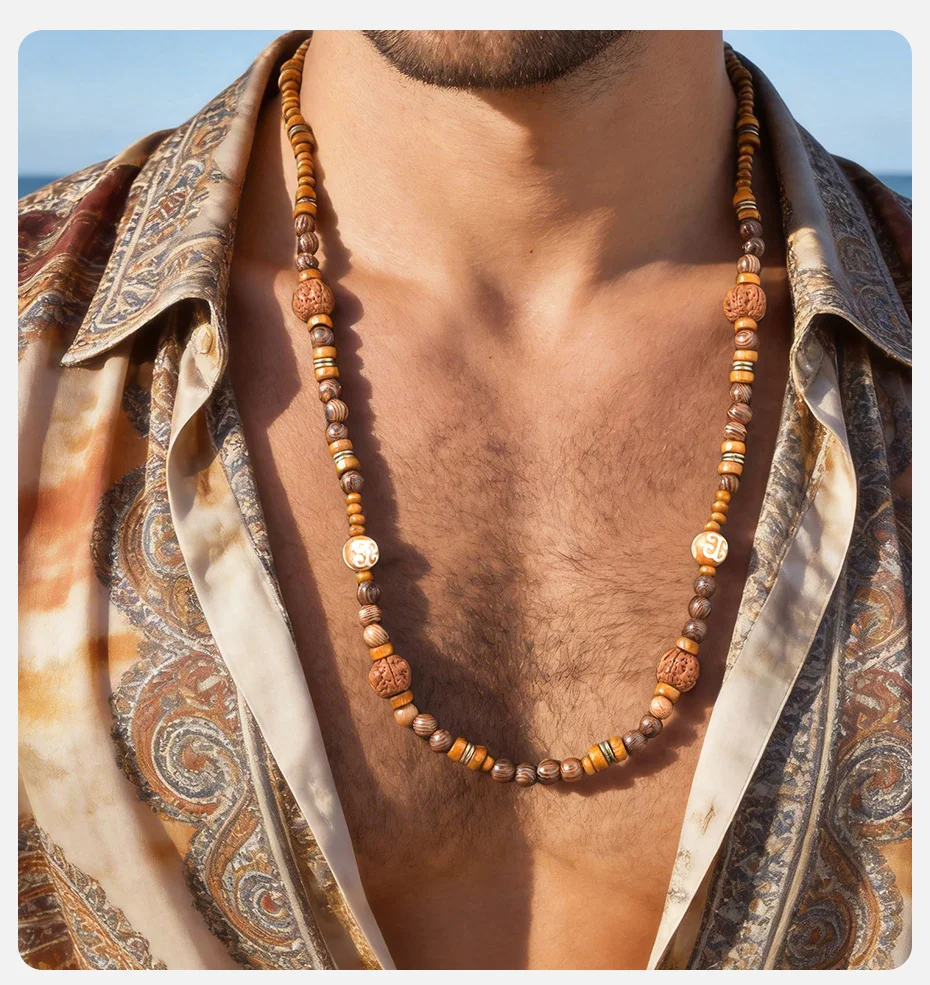 Vnox Lange Perlenkette für Männer und Frauen, Holzperlen, 68–73 cm, verstellbare Kettenkette, Bohemian-Stil, trendiger Schmuck, Geschenke, neu – Detail 2