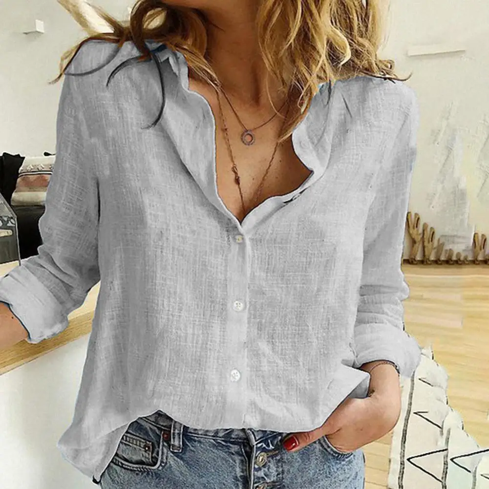 Elegant Cotton Linen Women Shirts  Button Lapel Cardigan Top Lady Loose Long Sleeve Shirt Womens Blouses Spring Summer Shirt