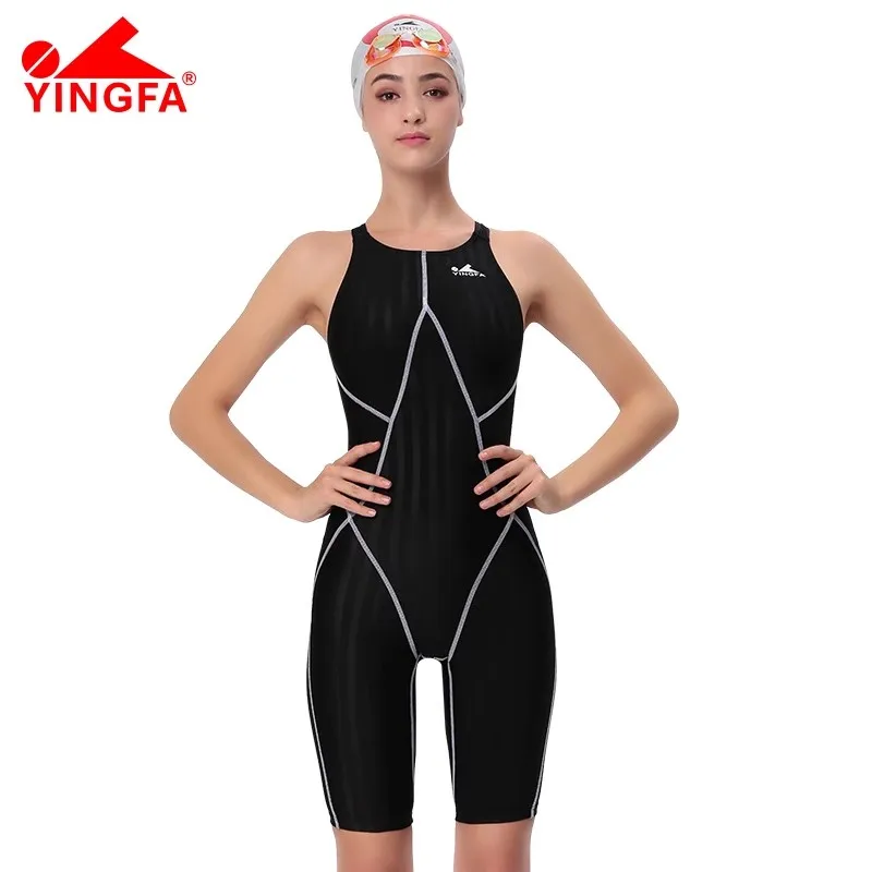 

Yingfa FINA утвержденный цельный соревнований до колен водонепроницаемый хлоростойкий женский купальник с острым шкуром купальник для девушек