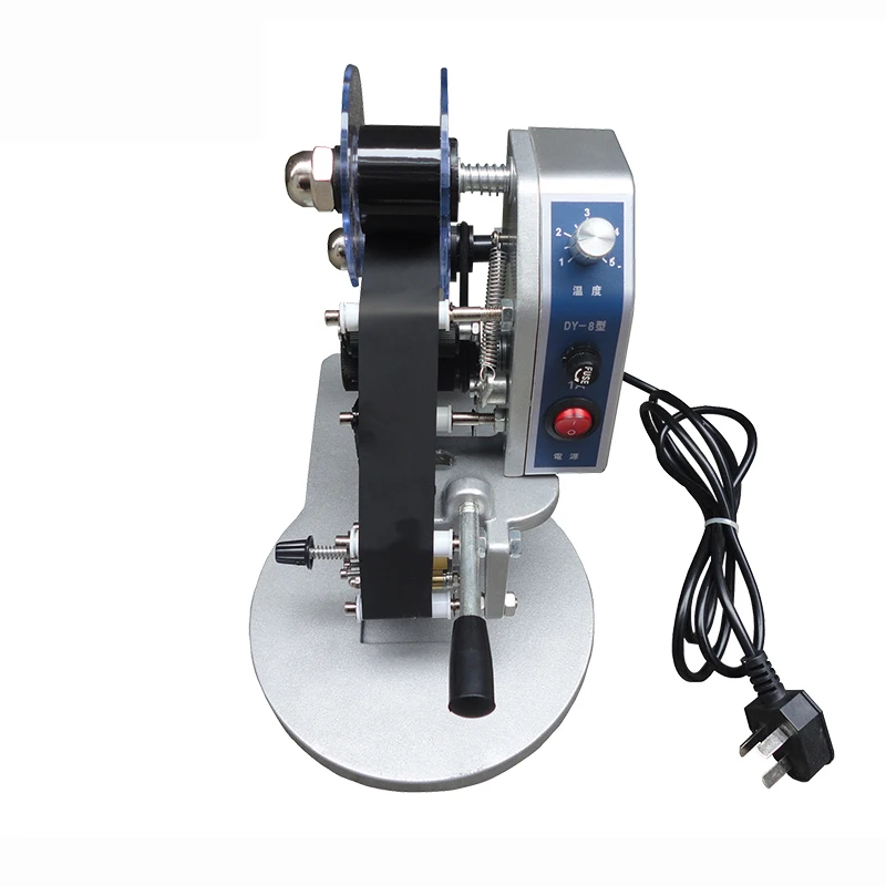 Manual stamping device for printing expiration dates on packages, portable manual date coder with colored ribbons
