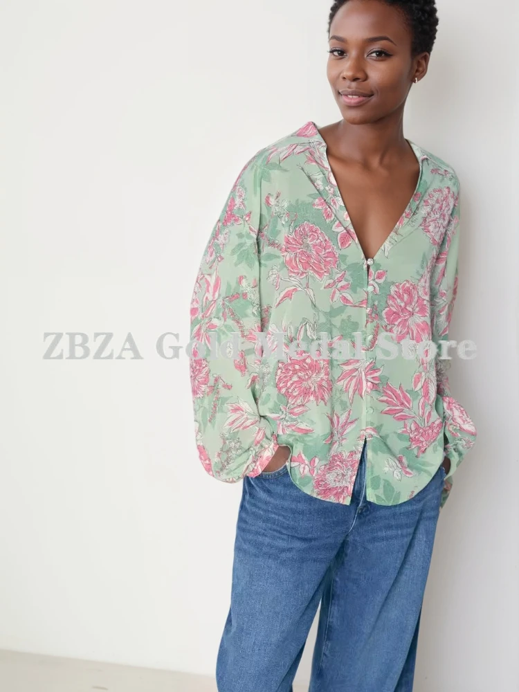 Women\'s Vintage Satin Floral Print Shirt V-neck Lapel Long Sleeves Shirt Front Placket Single Breasted Blouse Fall Female Shirts