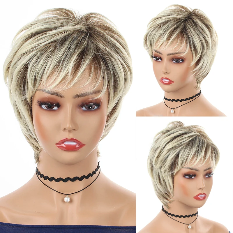 

JOY&BEAUTY Short Ombre Blonde Wig Synthetic Bob Straight Hair With Bangs Women Natural Daily Wear Wig