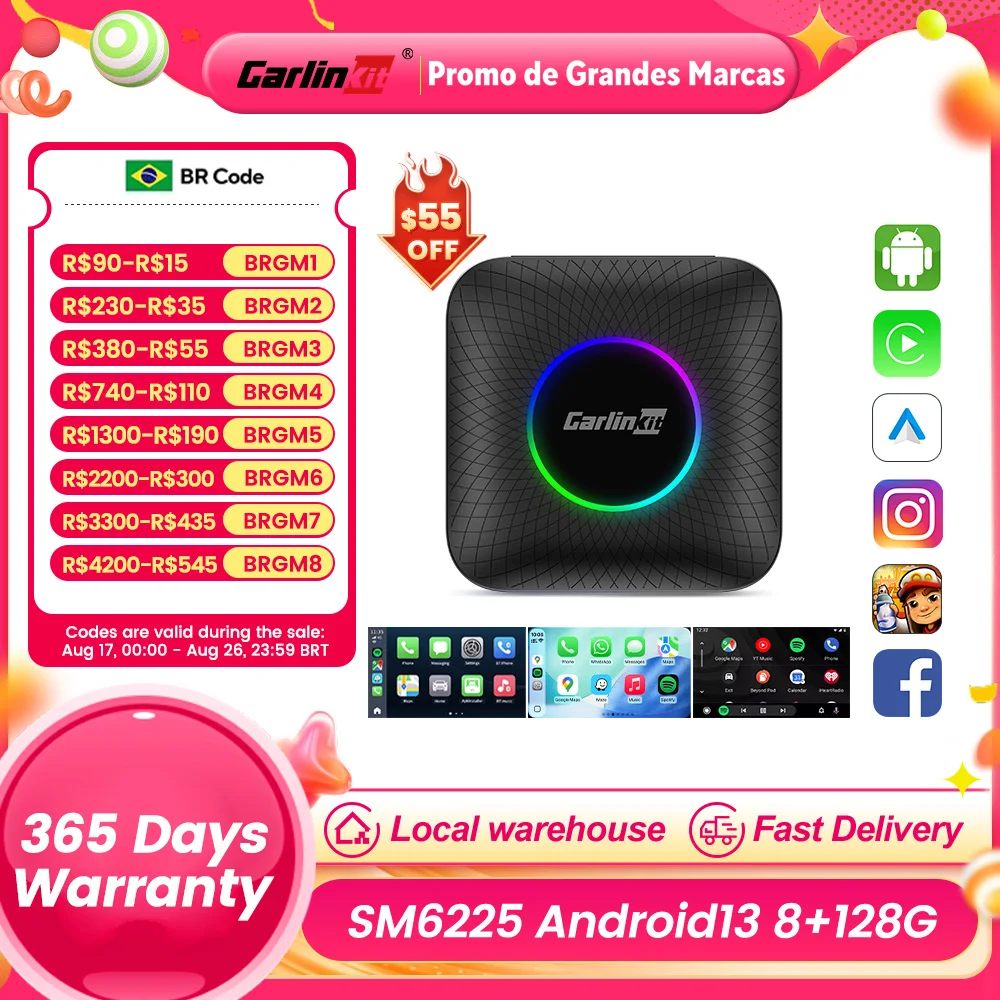 CarlinKit CarPlay Ai Box Android 13 SM6225 8 Núcleos 8G+128G Smart Android TV Box Suporte para CarPlay Sem Fio e Android Auto 512GB TF