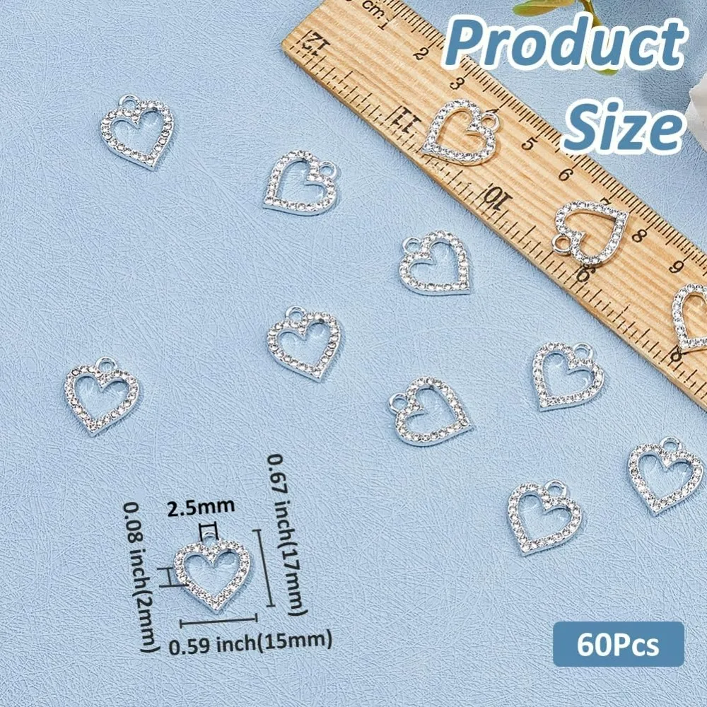 60Pcs Rhinestone Heart Charm Gold Silver Love Charm Alloy Shiny Love Dangle Pendants Charms Hollow Heart Charms for DIY