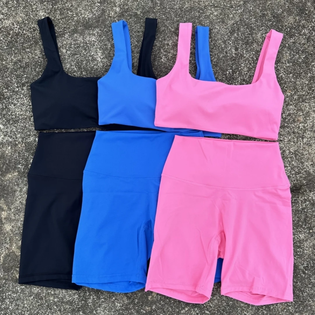 

Solid Color Soft Women Hollow Back Gym Yoga Vest Set Tight Sport Bra Top+High Waist Yoga Short Legging 2pc Sportwear Workout