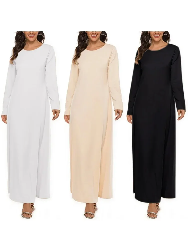 

Women's Muslim Basic Liturgy Abaya Long Sleeve Inner Cloth Round Neck Ladies Dress Middle Eastern Dubai Turkey Solid Daily Robe