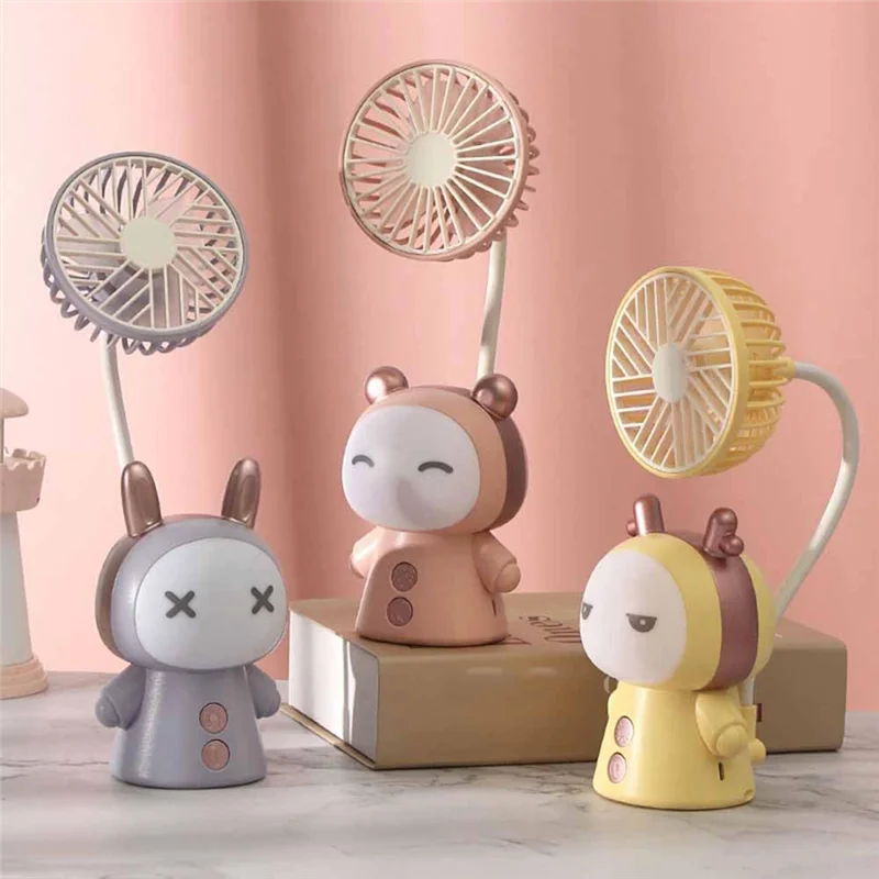 X11A Mini Fan Cartoon Portable Fan With Night Light USB Rechargeable Operated Folding Small Fan For Table Study Desk Lamp