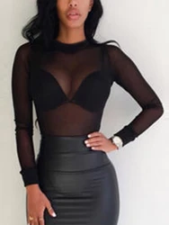 Sexy Women T Shirt See Through Transparent Mesh Tops Long Sleeve Sheer Slim Ladies Turtleneck T-Shir