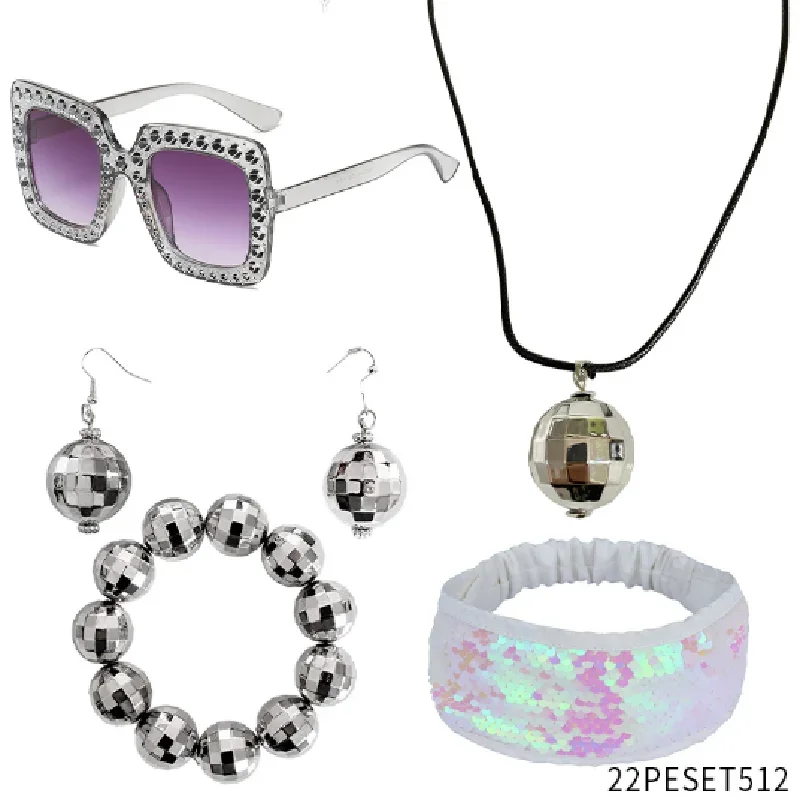 

70s Disco Costume Accessories Set Disco Ball Earrings Necklace Bracelet Headband and Sunglasses