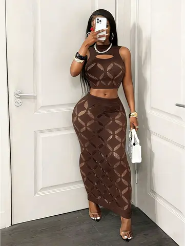 FHSEER Büyük Beden 2 Parça Kadın Seksi Seti Şeffaf File Detaylı Crop Top ve Yüksek Bel Vücudu Saran Mini Etek Esnek Kulüp Kıyafeti