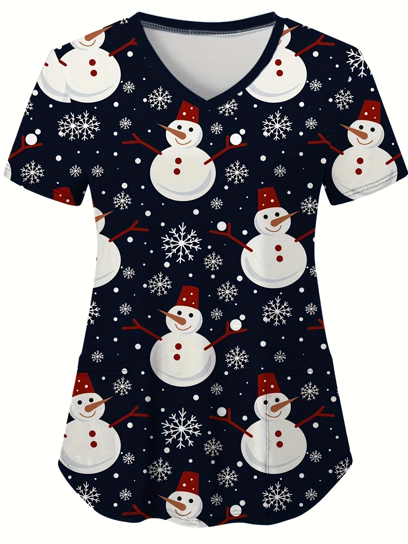 Whimsical Snowman Print V-Neck Top Functional Nurse Uniform for Women - Perfect for Healthcare Professionals and Medical Staff