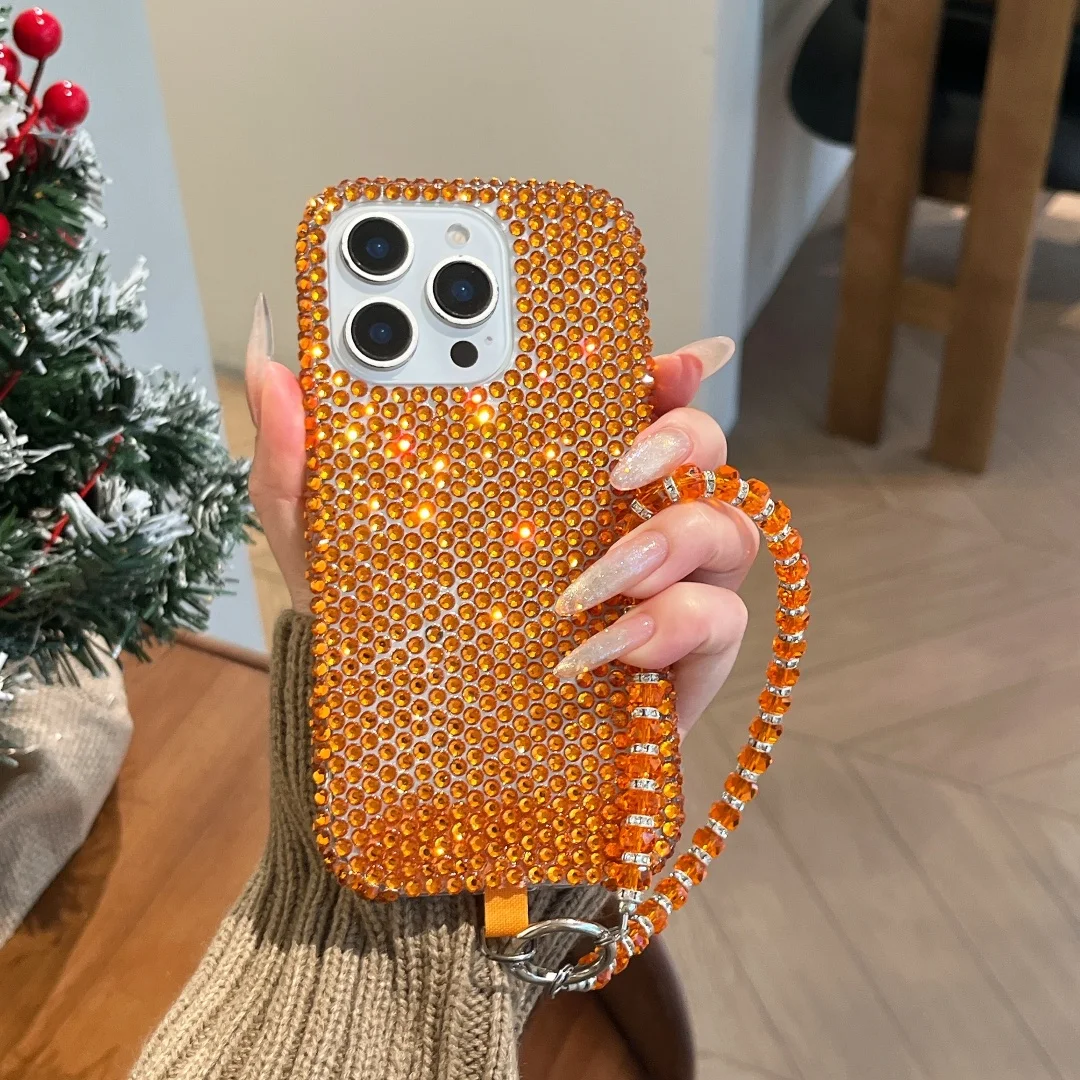 

Luxury Orange Bling Glitter Rhinestones Gem Diamond Phone Case For iPhone 17 16 15 13 14 Pro Max Plus Camera Protection Cover﻿