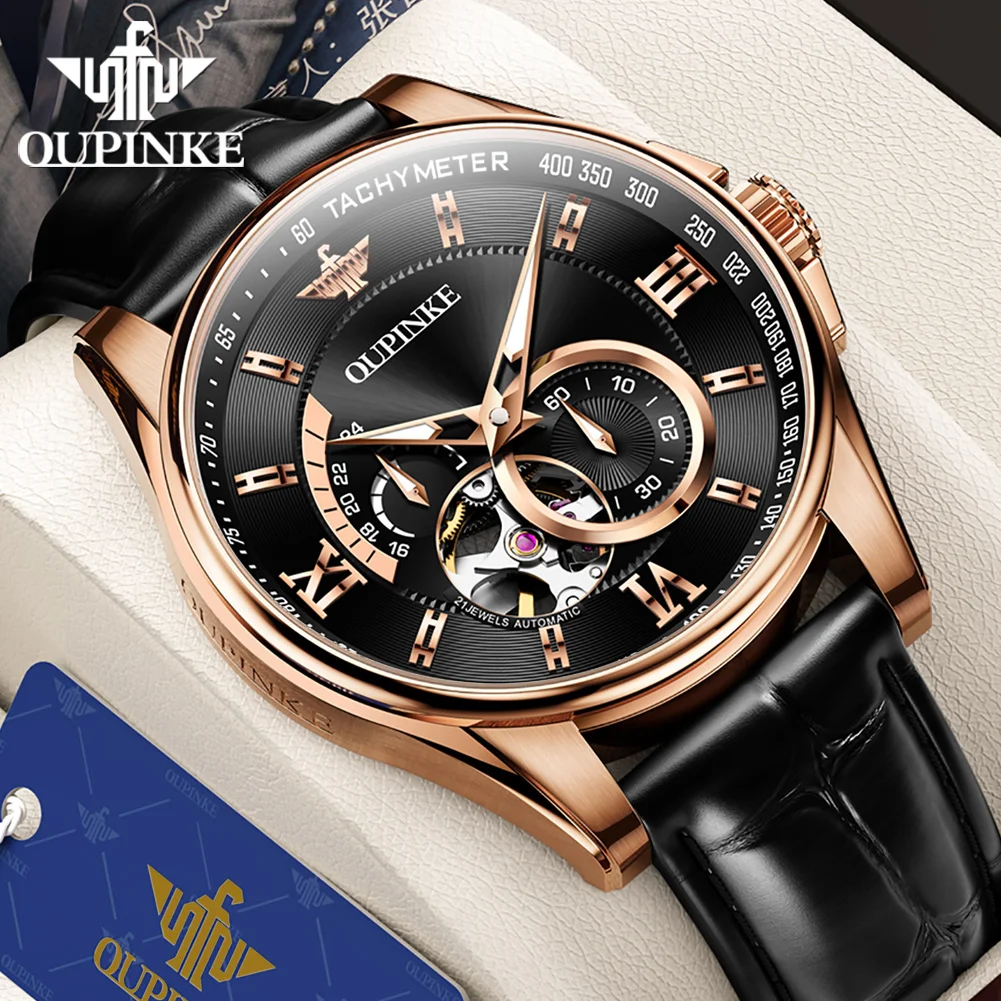 OUPINKE Watches Man 3222 Automatic Mechanical Watch 50M Waterproof Leather Strap Watches For Man Gift Box Luxury High Quality