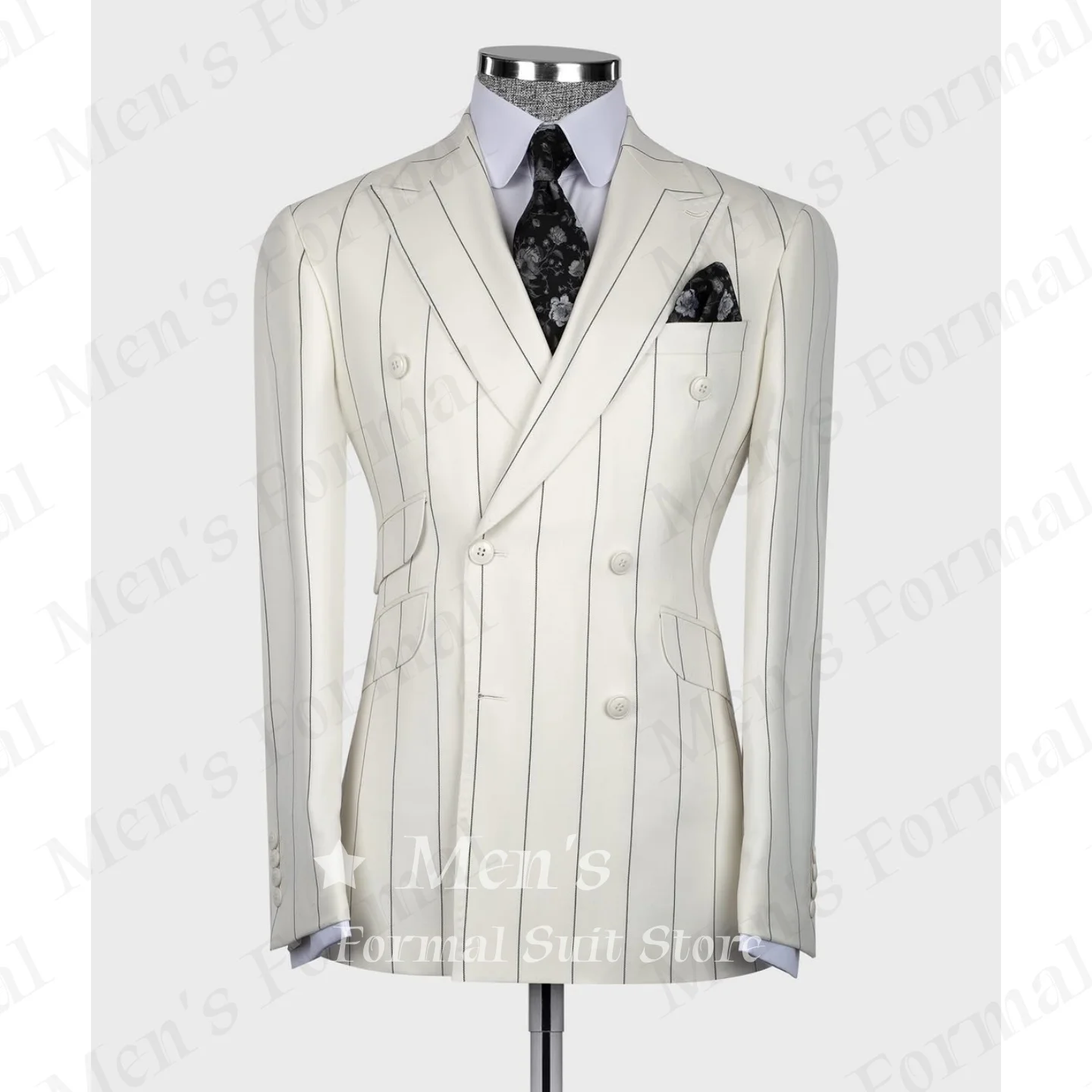 White Black Pinstripe 2 Piece Suit Outfits Clothing Tailored Business Double Breasted Jacket Pants Wedding Guest Customized
