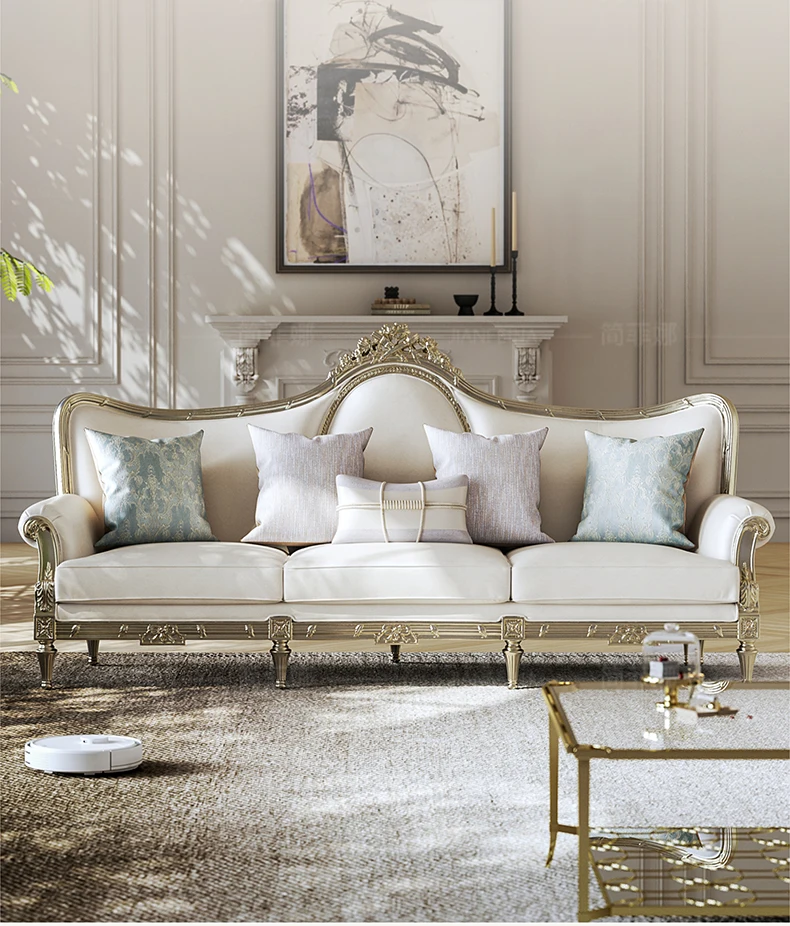 

#French Genuine Leather European-style Solid Wood Sofa Set Multi-function Living Room Sofa for Apartment Hotel & Villa Use