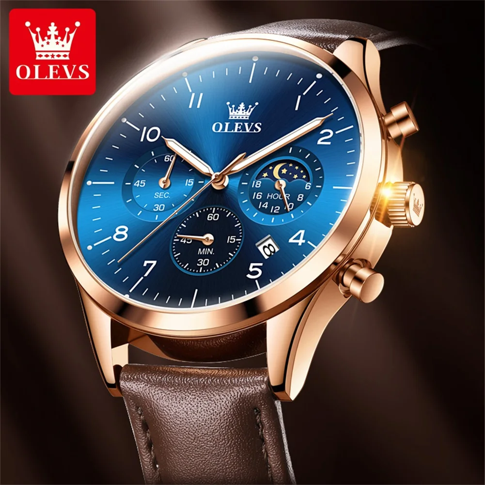 OLEVS-Relógio de quartzo impermeável masculino, pulseira de couro, lua fase, cronógrafo luminoso, relógio de pulso masculino, marca original