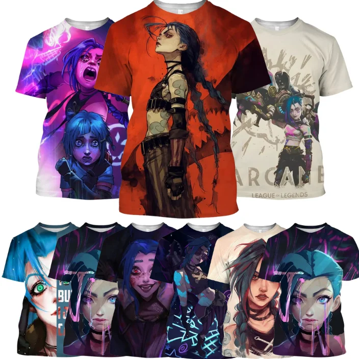 Nuevas camisetas de Anime Arcane League Jinx con estampado 3D para hombres y mujeres, camiseta de manga corta con cuello redondo, Top informal holgado, camiseta de dibujos animados Harajuku para hombres