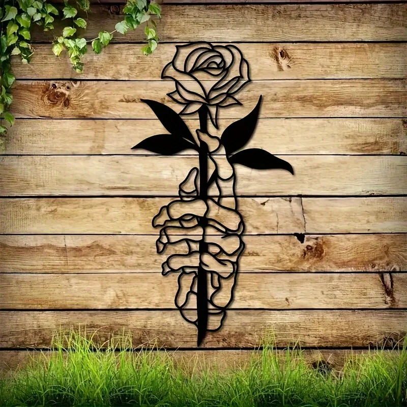 Skeleton Hands Holding Flowers Deer Skull Metal Wall Decor Black Iron Art Wall Hanging Ornament For Home Wall Decoration