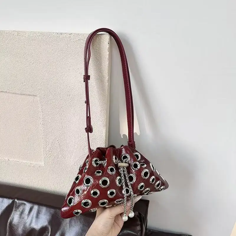 2026 New Rivet Underarm Bucket Bag Trendy Individuality Spicy Girl Design Single Shoulder Drawstring Crossbody Bag Vacation Bag