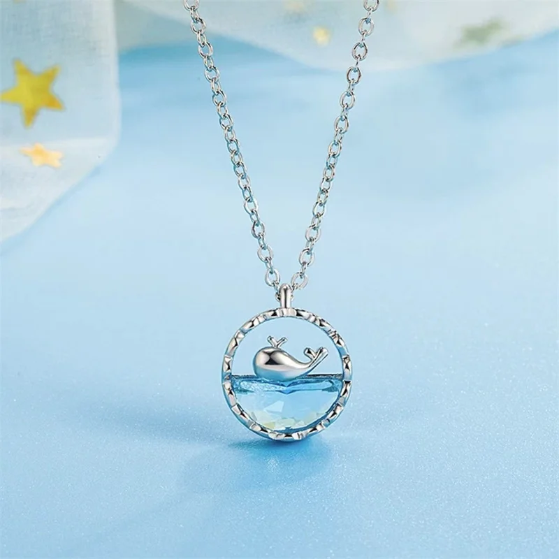 Cute Sweet Blue Crystal Sea Whale Pendant Necklace for Women New Creative Design Summer Collar Jewelry Colorfast