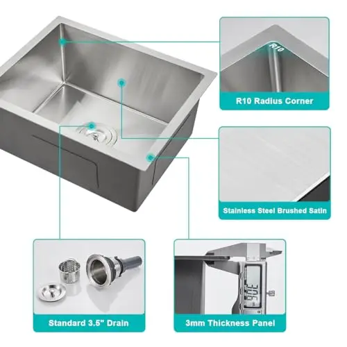 

20x16 Inch Undermount Single Bowl Kitchen Sink, 304 Stainless Steel Bar Sink With Brushed Satin Finish And R10 Corner