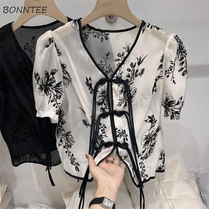 Shirts Women Temper Vintage Crop Tops Printing Chinese Style Casual Summer Elegant Fashion Clothing Streetwear Puff Sleeve Chic