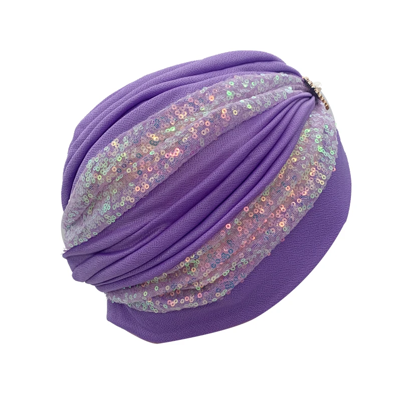 Fashion Women Sequins Pleated Turban Hat Muslim Headscarf Bonnet Female Head Wraps African Party Headpiece Nigeria Wedding Gele