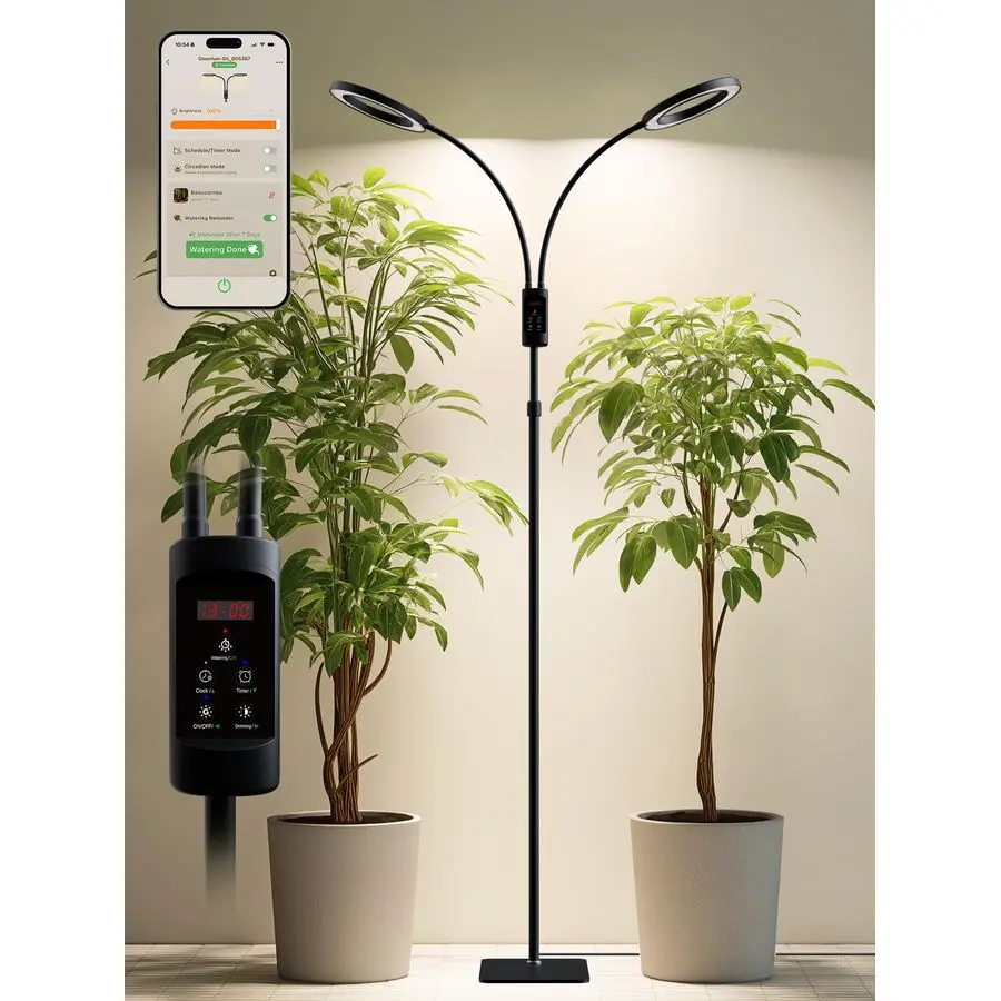 

Светильники для растений в помещении, 48 Вт, 2-х головочный светильник для растений с автоматическим таймером, светодиодный светильник полного спектра, регулируемая высота и бесступенчатая регулировка.