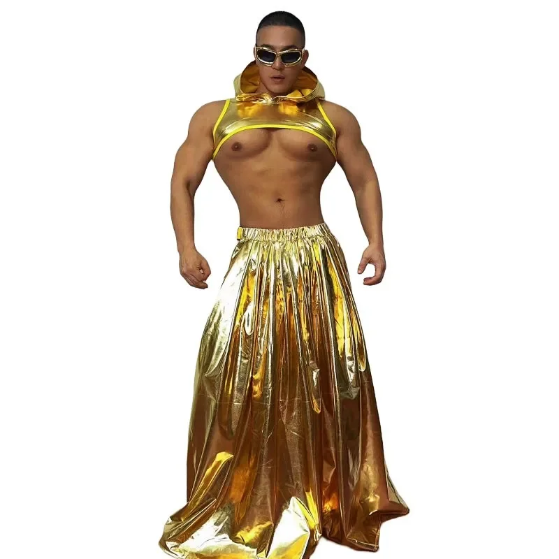 Nightclub Bar DJ Gogo Dance Costume Male Dancer Singer Sexy Club Stage Performance Clothes Gold Laser Hooded Tops Skirt Outfits