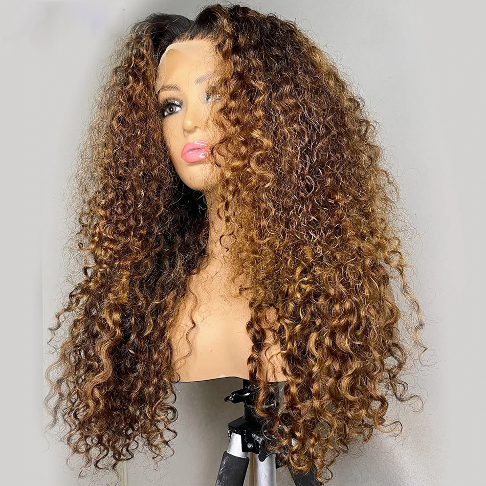 Perruque Lace Front Wig crépue bouclée sans colle pour femmes noires, cheveux de bébé, longue et douce, degré de chaleur pré-plumé, blonde ombrée, marron, densité 180, 26 po