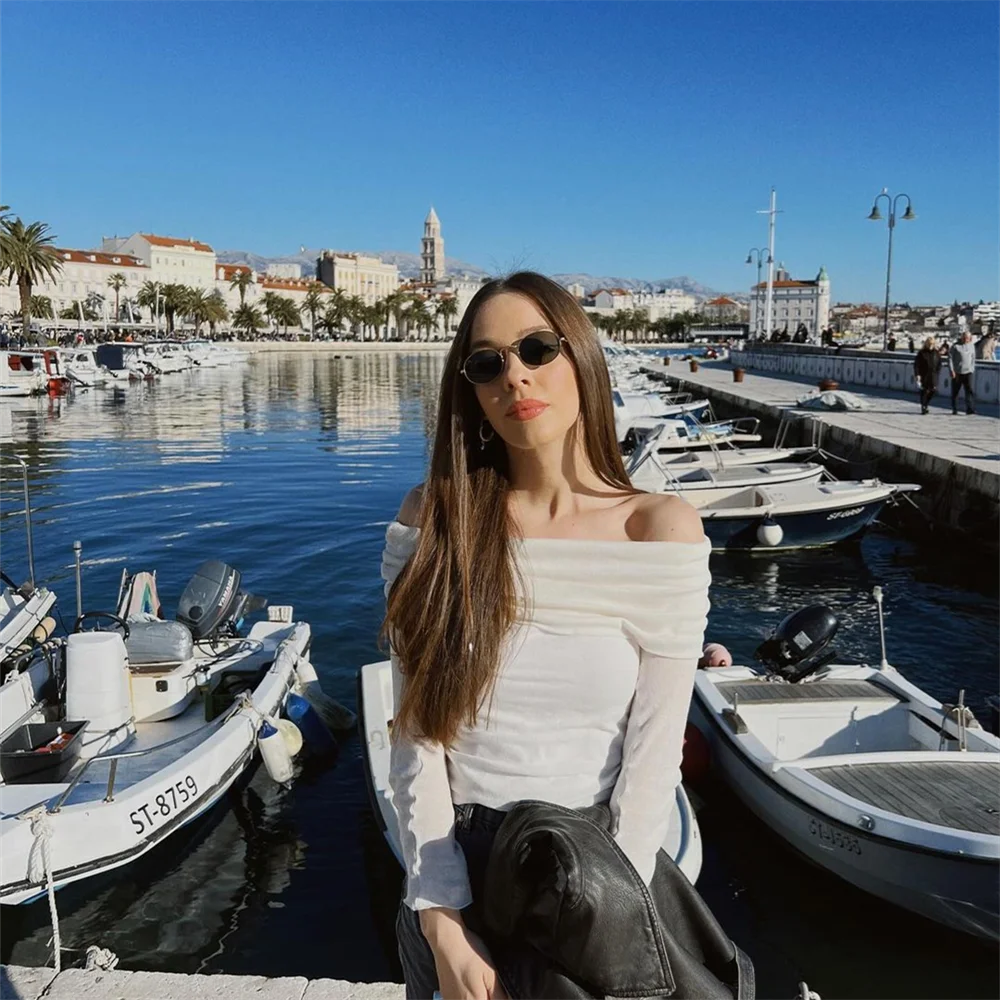 UNIZERA 2024 Spring New Slim Fit Sexy One Line Neck Folded Decoration Long Sleeve Off Shoulder Texture Bottom Shirt