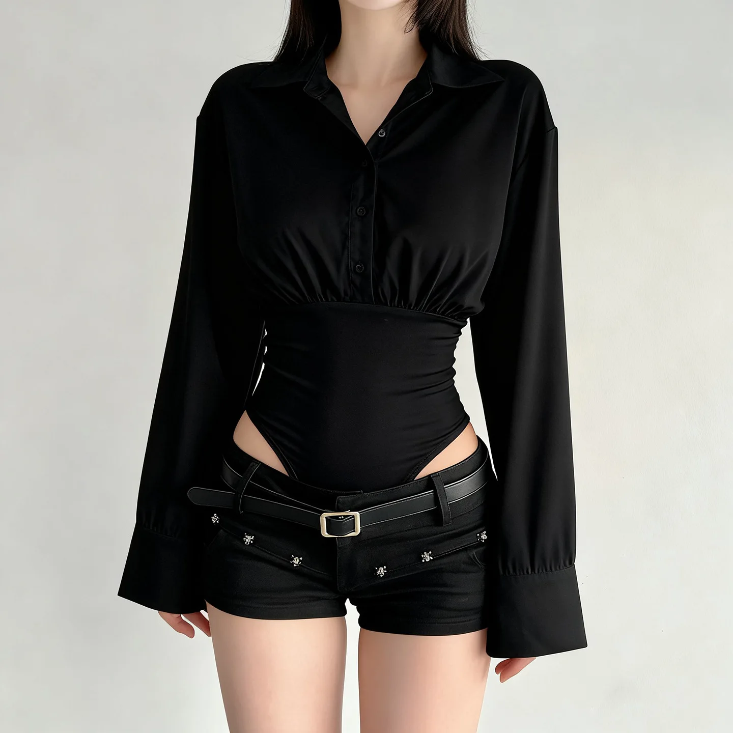 French style loose slimming POLO collar sexy simple long sleeved jumpsuit for women