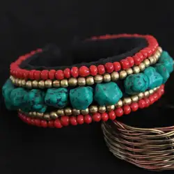 Tibetan Ethnic Handmade Bangles Simulated Turquoise Nugget Beaded Open Cuff BB-101